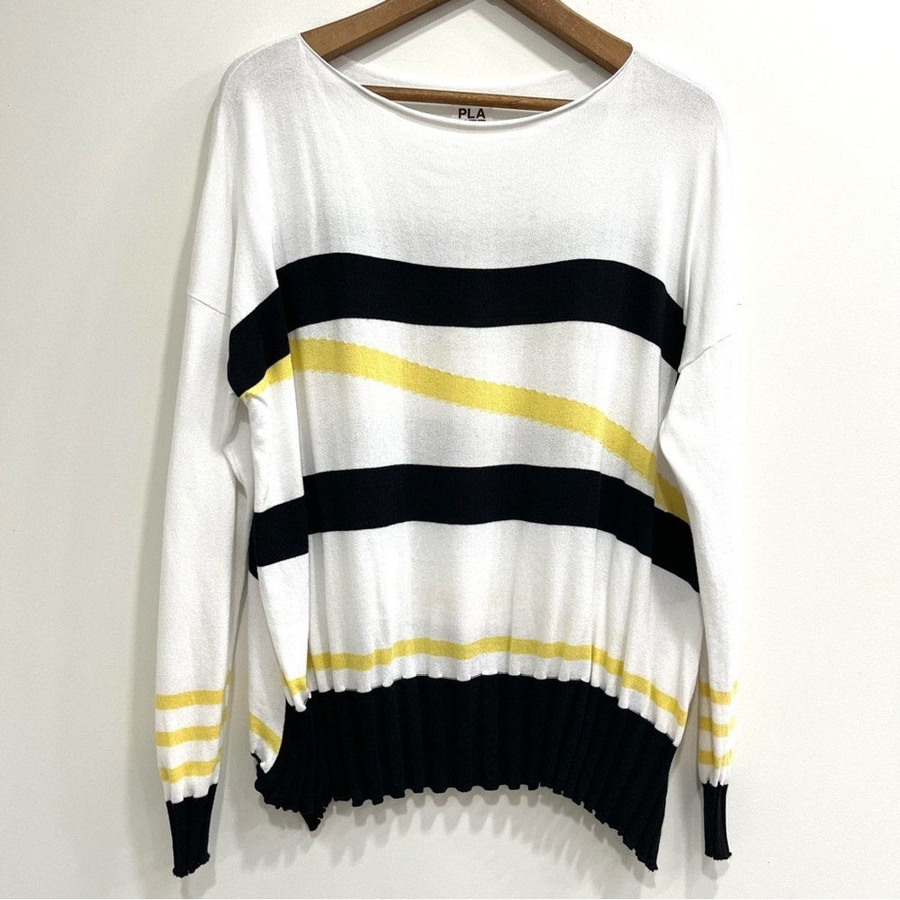 Planet Lauren G white black yellow striped tunic top long sleeve cotton modal OS